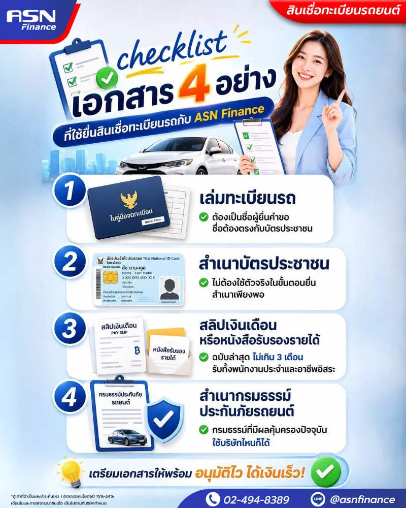 checklist เอกสารจำนำทะเบียนรถ 4 อย่างที่ต้องเตรียมสำหรับยื่น ASN Finance